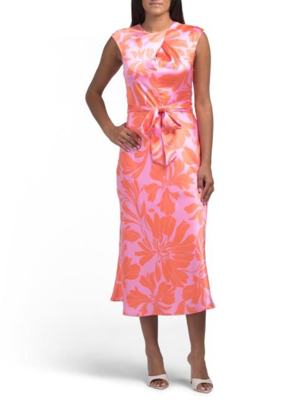 TAHARI ASL Pleated Neck Printed Midi Dress